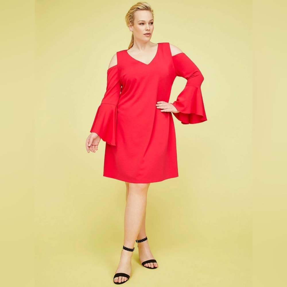 Lane Bryant Sz 26p Red Cold-Shoulder Bell-Sleeve Fit Flare Dress Romantic V-Day